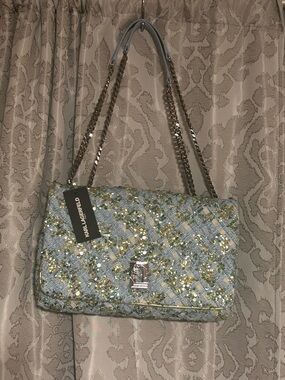 Karl Lagerfeld light blue tweed sequin shoulder bag with gold accents